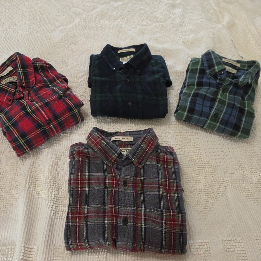 LL Bean Lot Of 4 Flannel Shirts Button Med Tartan Plaid Countrycore Western